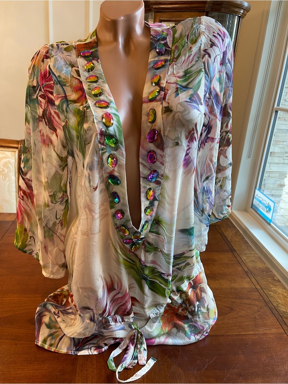 NWT beach bunny coverup Floral V-Neck Beaded tunic Blouse - Multicolor size M
